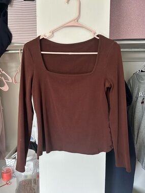 SHEIN Brown Square-Neck Long Sleeve Top
